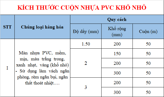 Kích thước Cuộn màng rèm PVC trong mềm khổ lớn